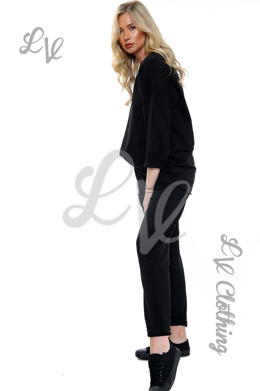 Dames Effen Tweedelig Co-ord Set Zwart Stukprijs €27,99