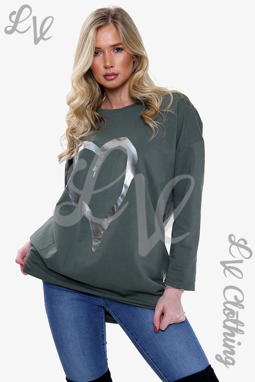 Damesfolie Hart Grafische Tuniek Top Khaki - Prijs per eenheid £ 13,99