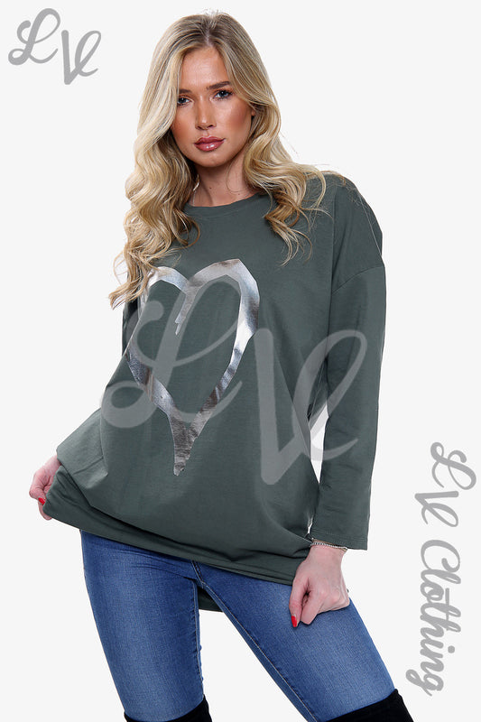 Ladies Foil Heart Graphic Tunic Top Khaki - Unit Price £13.99