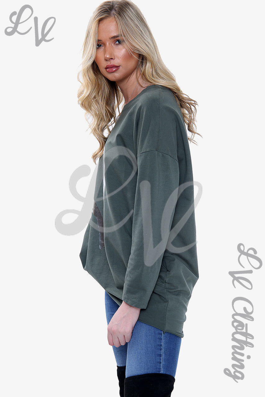 Damesfolie Hart Grafische Tuniek Top Khaki - Prijs per eenheid £ 13,99