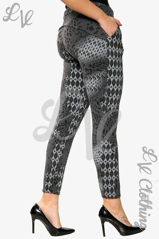 Leopard-snake print jogger pants, charcoal gray with elastic cuffs and ankle fit