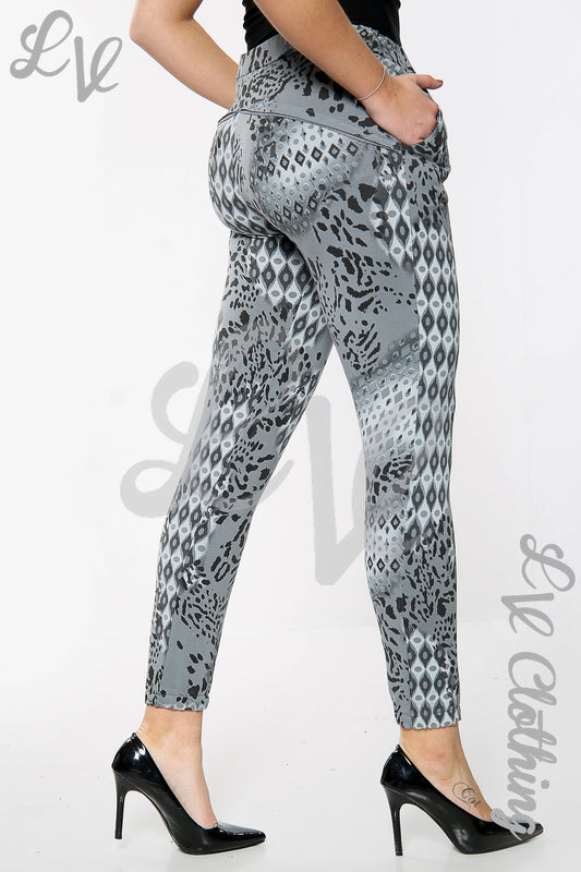 Grey leopard snake print jogging pants with tapered legs and elastic waistband