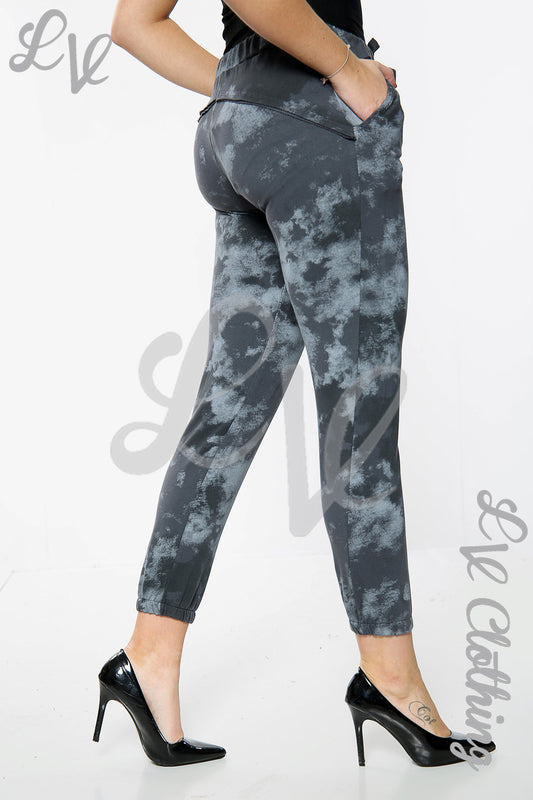 Women's charcoal sky-print jogger pants with drawstring waist, slim ankle fit