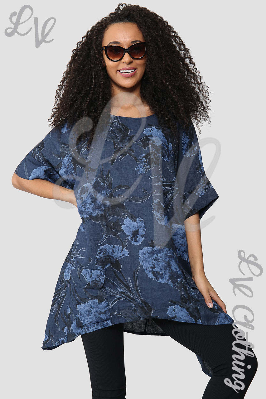 Ladies Flower & Leaf Print Smock Top Navy- Unit Price £17.99