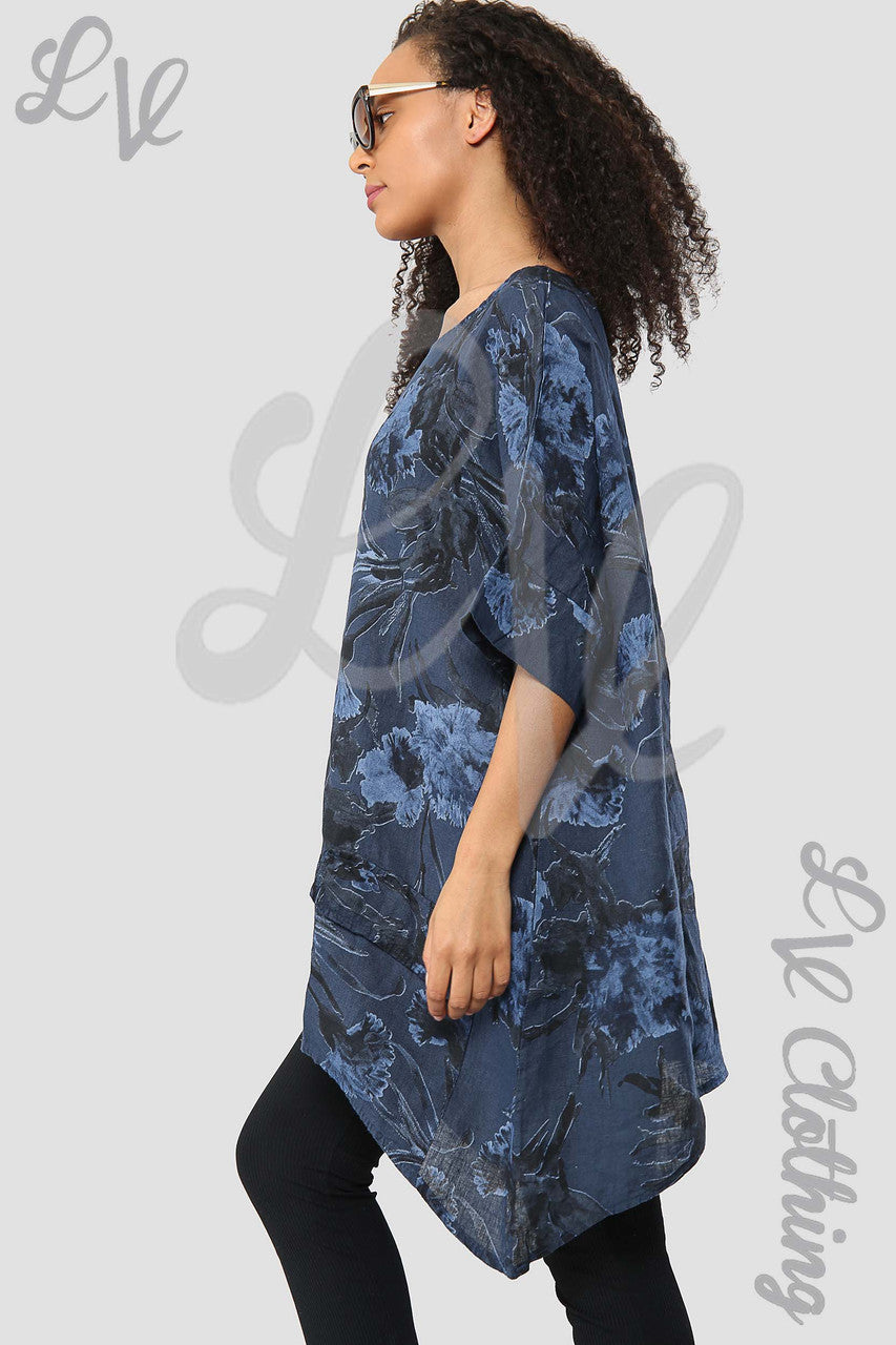 Ladies Flower & Leaf Print Smock Top Navy- Unit Price £17.99