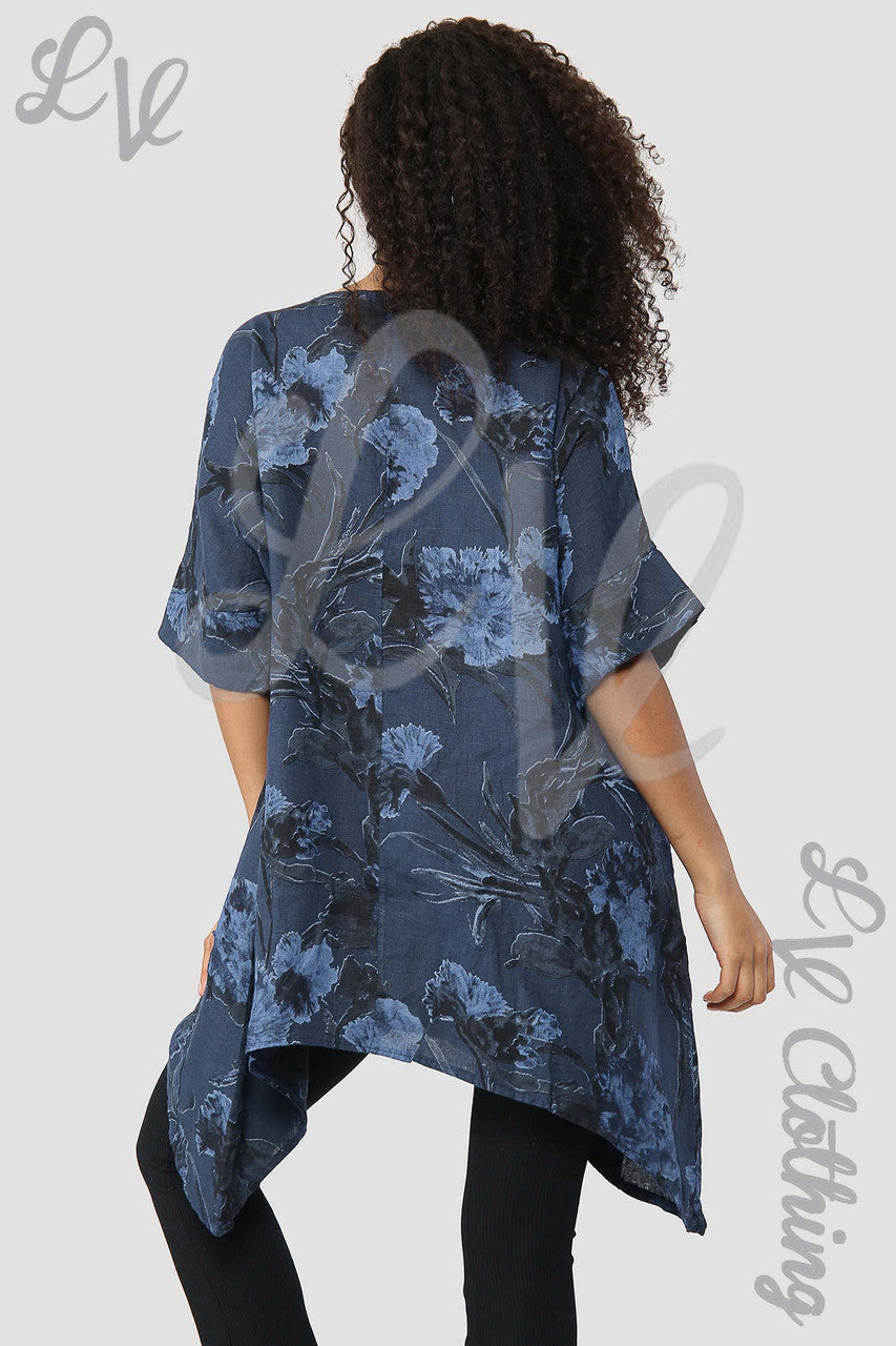 Ladies Flower & Leaf Print Smock Top Navy- Unit Price £17.99