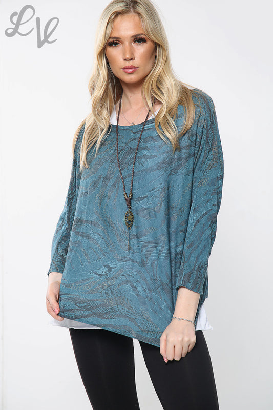 Two-layer printed necklace top, teal long-sleeve with pendant necklace detail