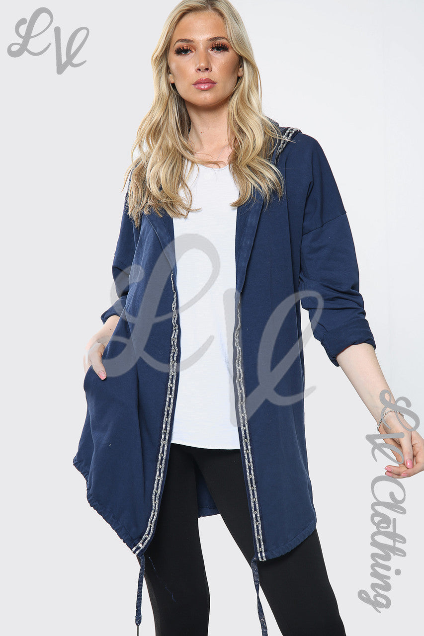 Damesjas met capuchon en bloemenfoliedetail achterzijde navy - Prijs per stuk £18.99