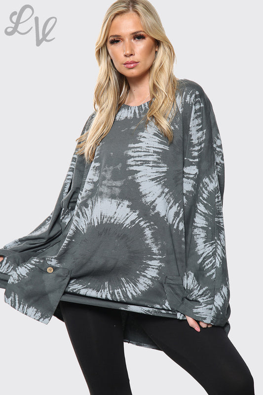 Charcoal tie-dye baggy top, long sleeves, round neckline