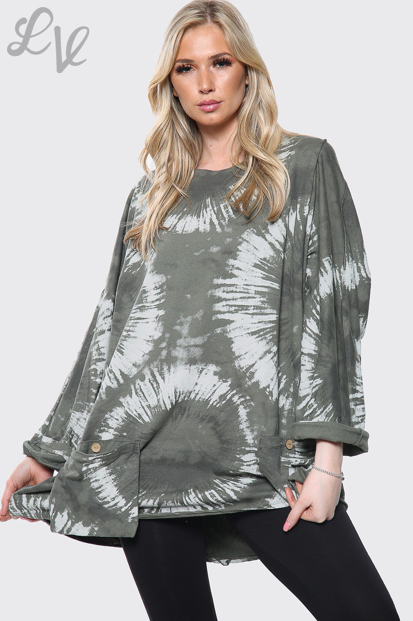 Dames Tie Dye Print Baggy Top Kaki Stukprijs € 8,99