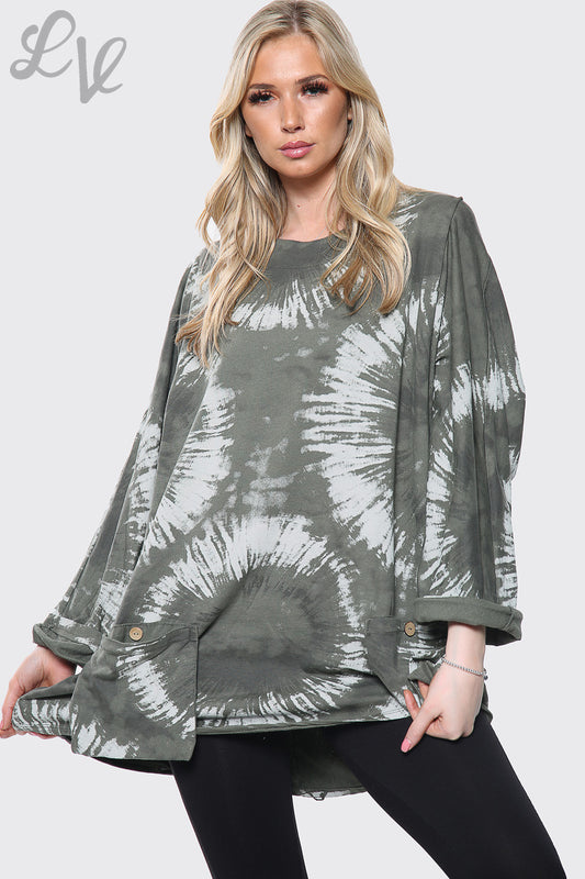 Ladies khaki tie-dye baggy top with elbow-length sleeves and button cuffs