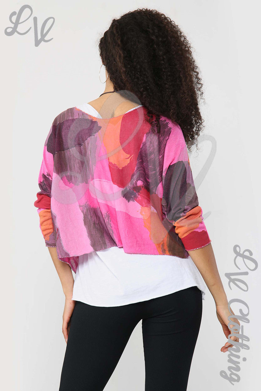 Ladies Watercolour Splash Top With Necklace Cerise - Unit Price £11.99