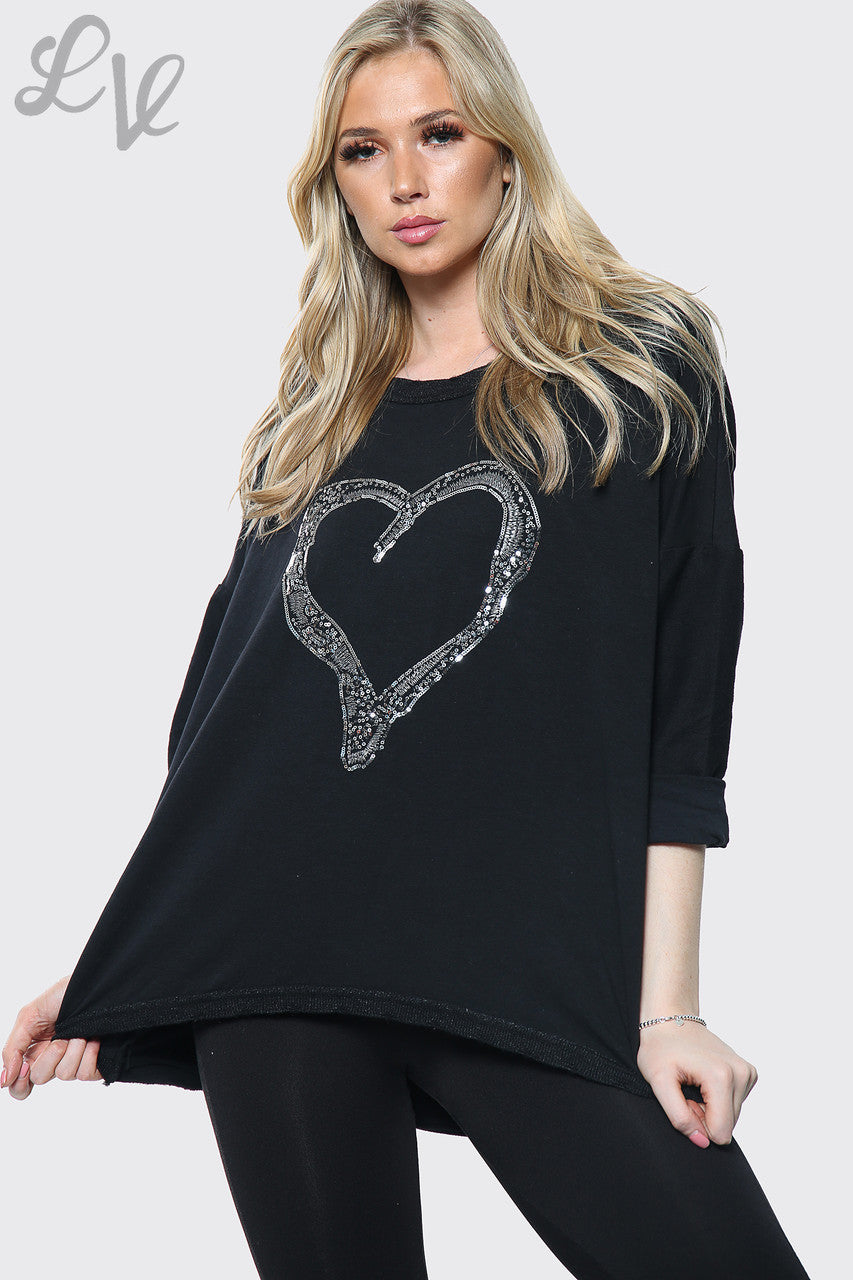 Dames zilveren hart print Italiaanse top Zwart Stukprijs £ 7,99