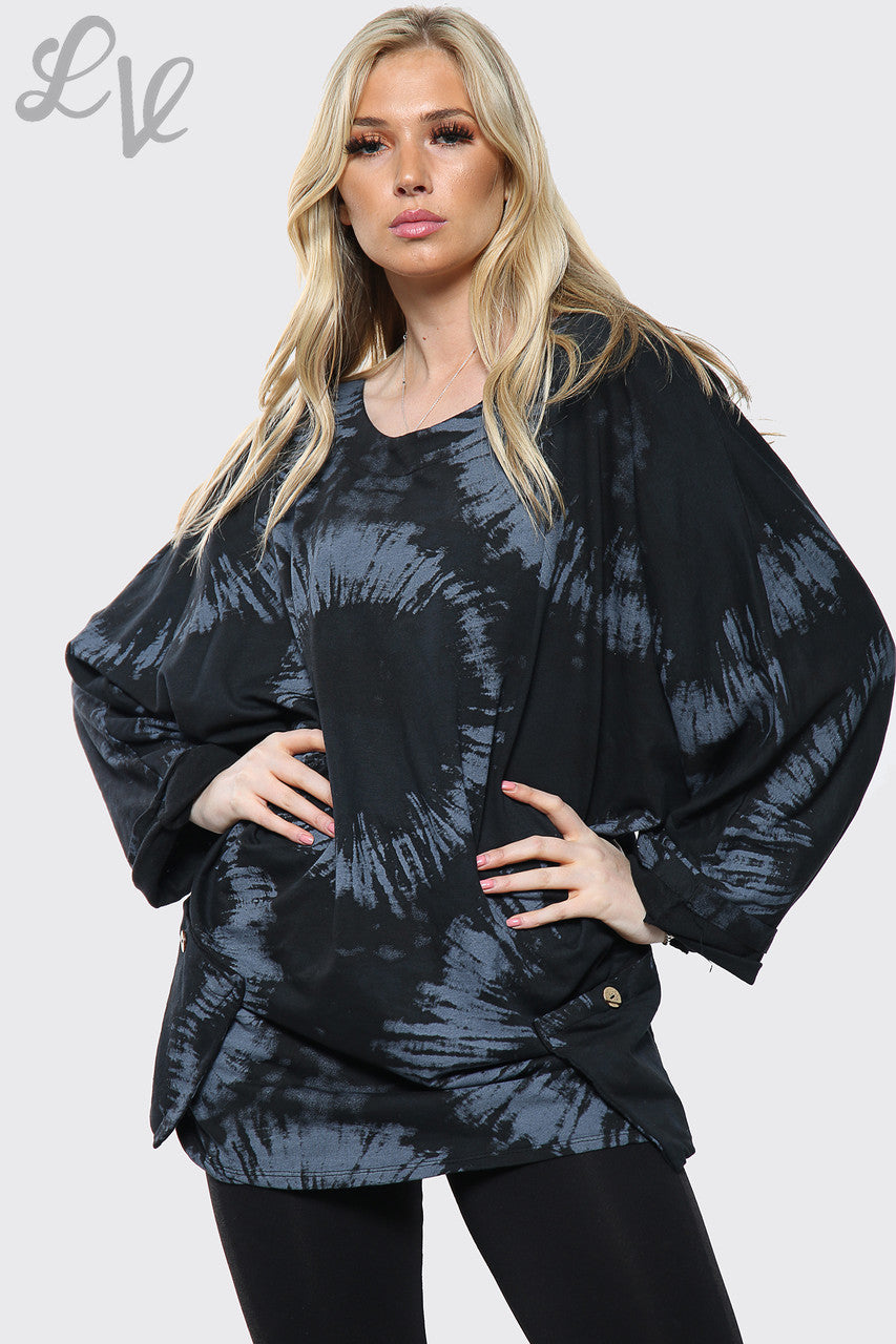 Dames Tie Dye Print Ruimvallende Top Zwart Eenheidsprijs € 8,99