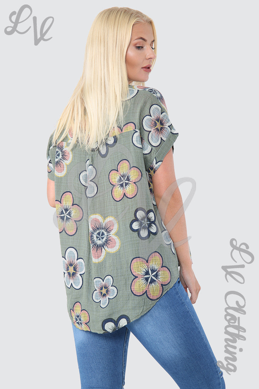Dames Top met Zonnebloemprint Kaki Stukprijs €7,99