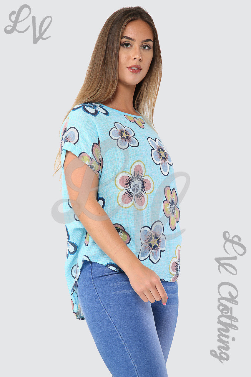 Dames top met zonnebloemprint turquoise Stukprijs € 7,99