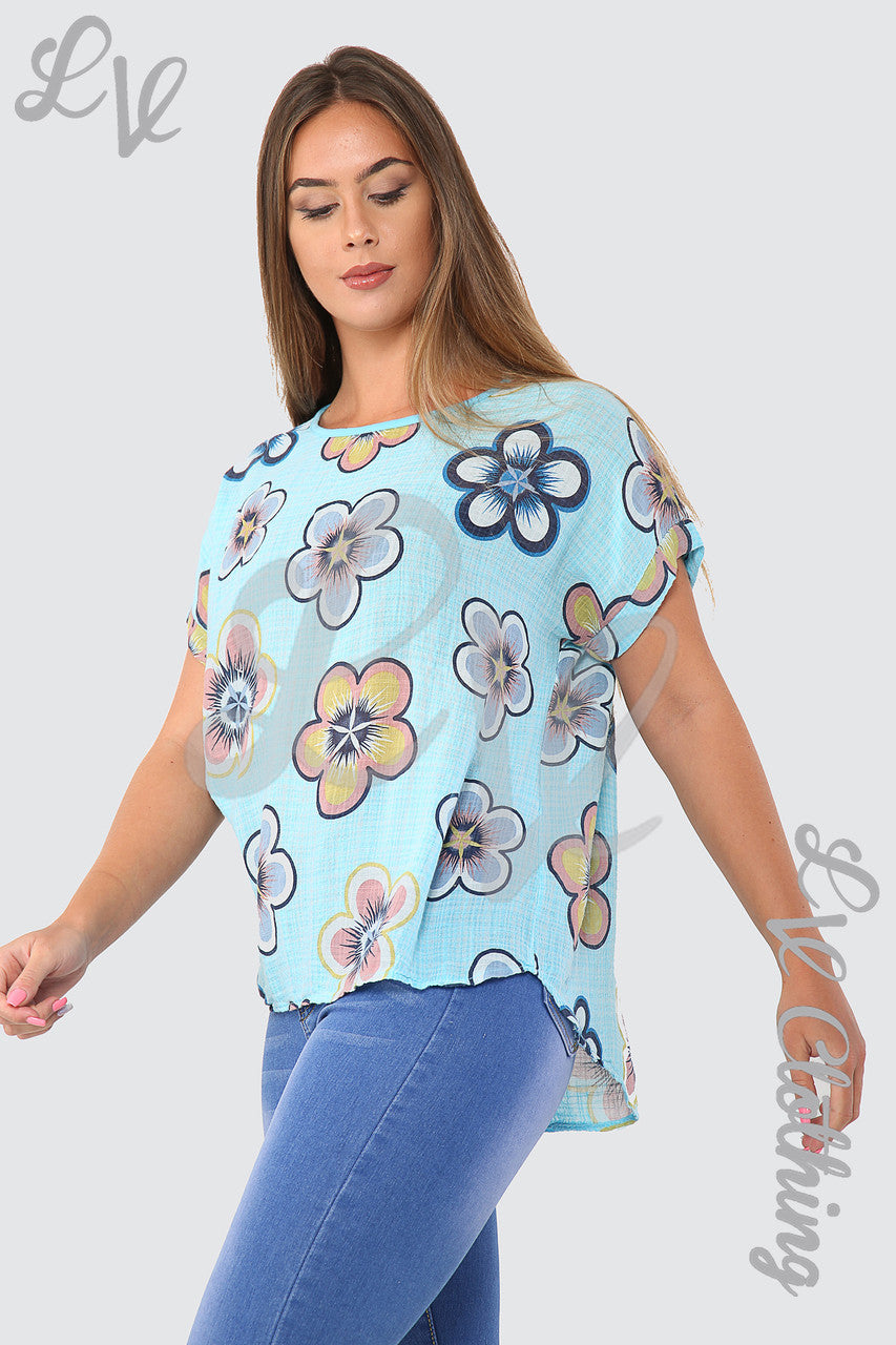 Dames top met zonnebloemprint turquoise Stukprijs € 7,99