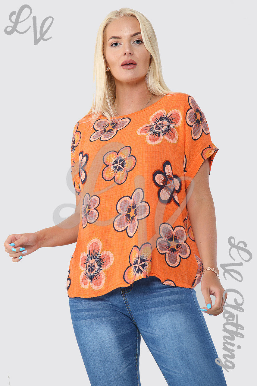 Ladies Sun Flower Print Top Orange - Unit Price £9.99