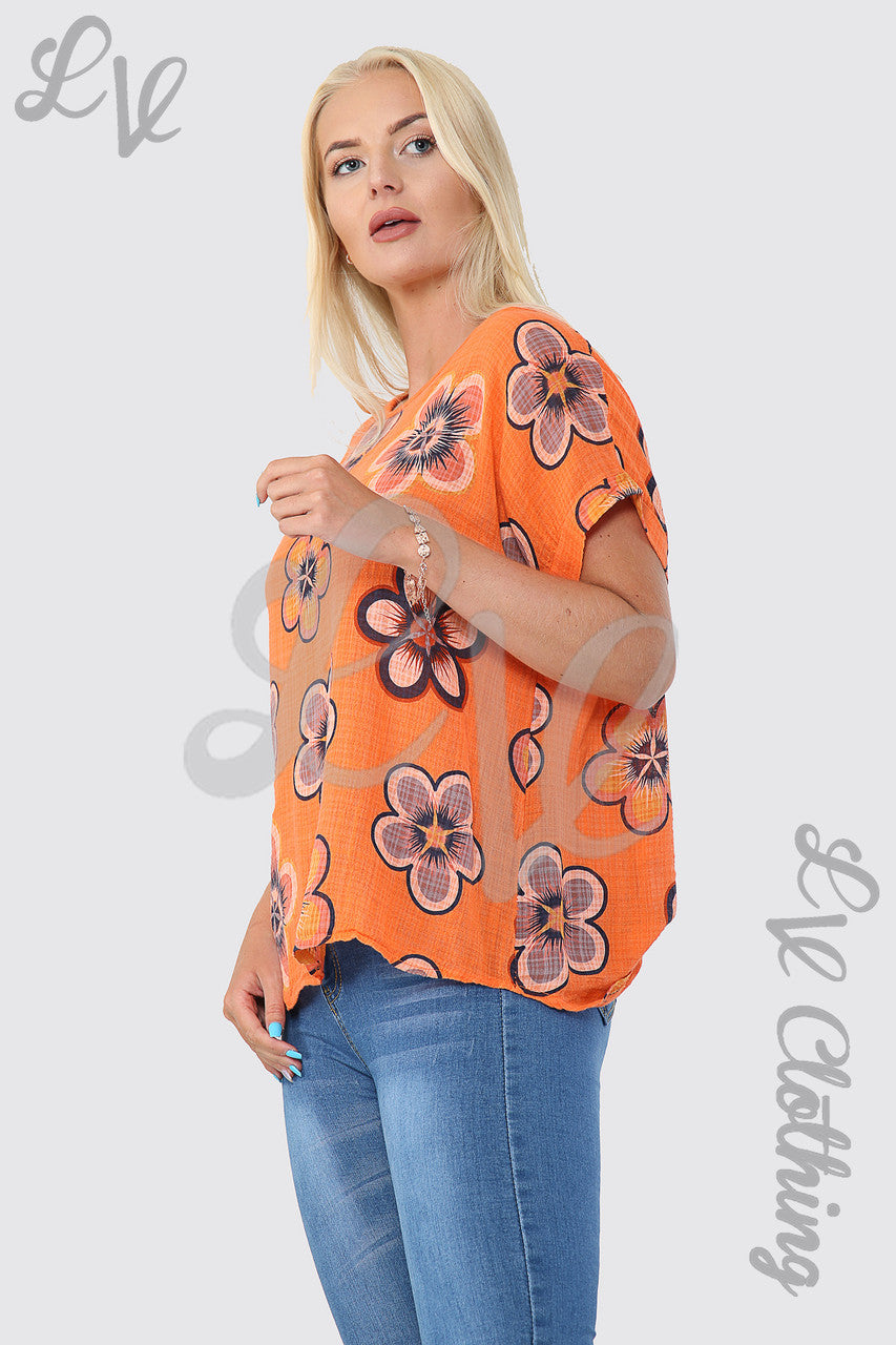 Ladies Sun Flower Print Top Orange - Unit Price £9.99