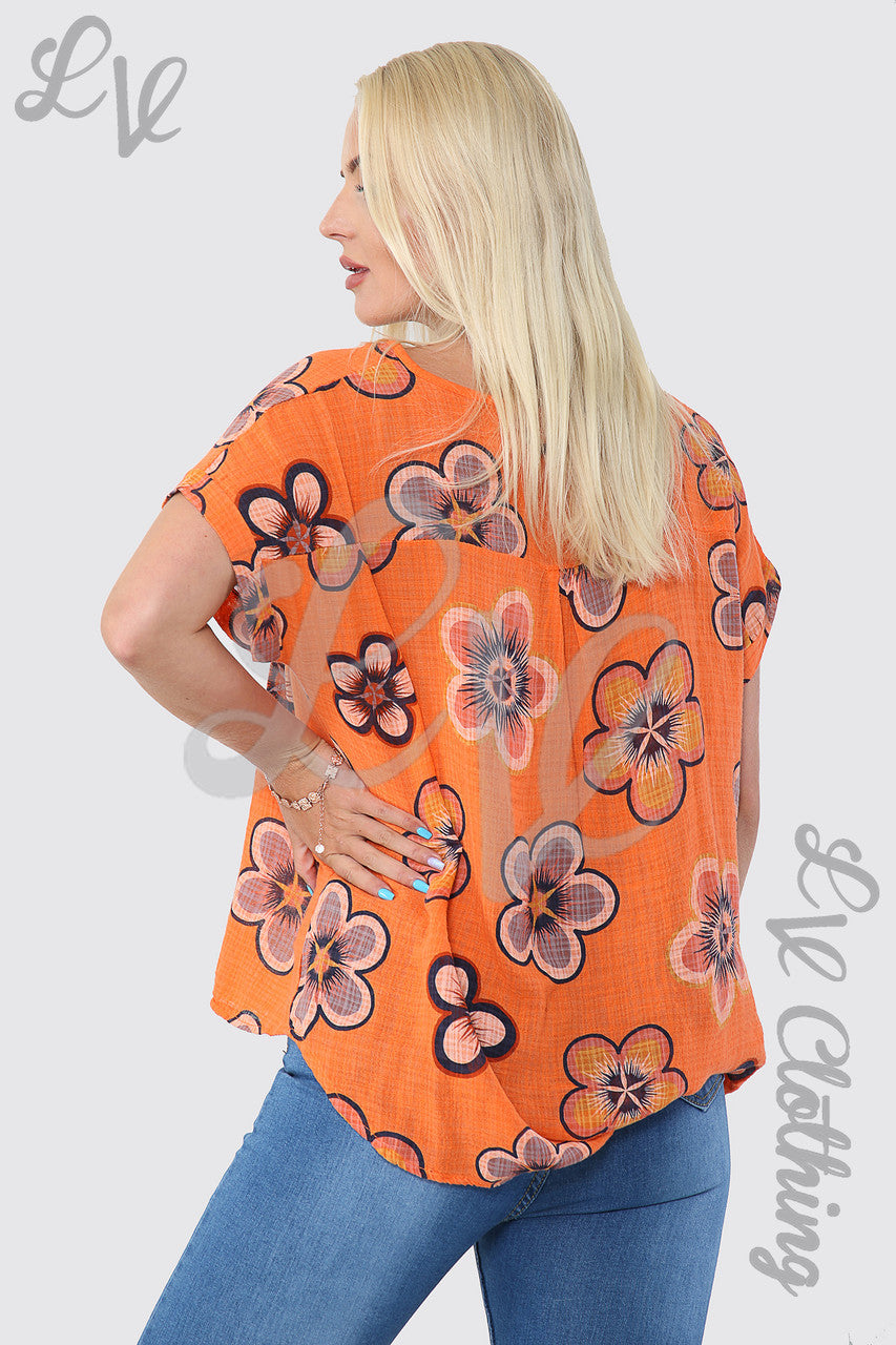 Ladies Sun Flower Print Top Orange - Unit Price £9.99