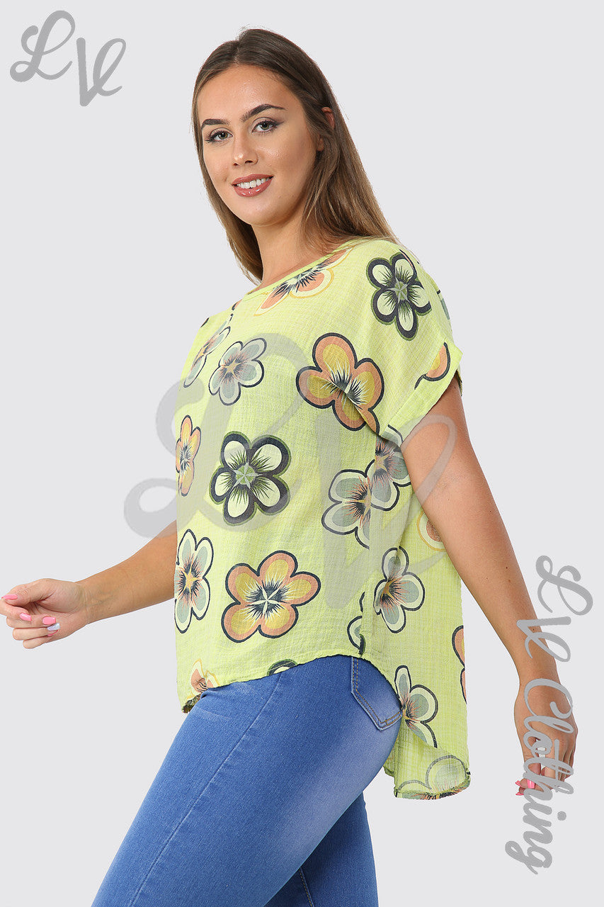 Dames Top Met Zonnebloemprint Lime Stukprijs € 8,99