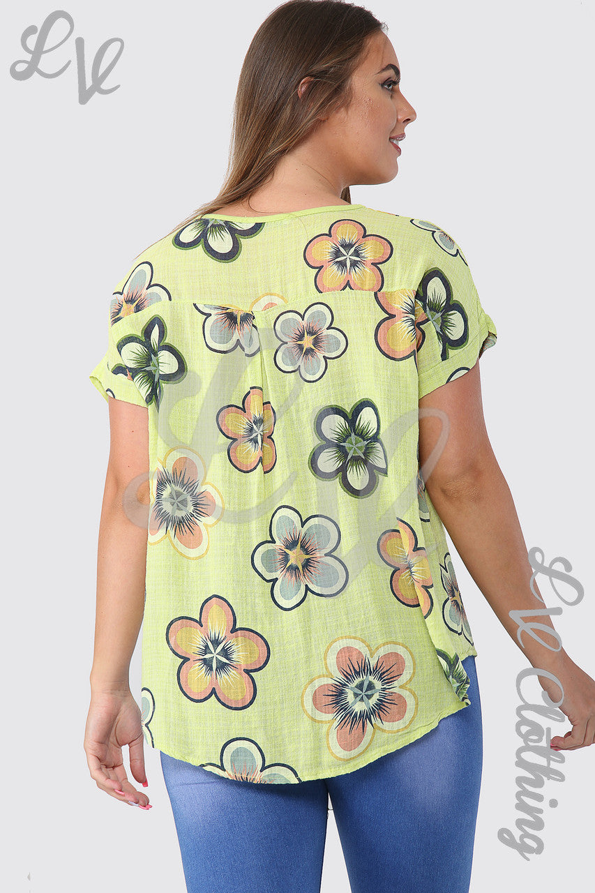 Dames Top Met Zonnebloemprint Lime Stukprijs € 8,99