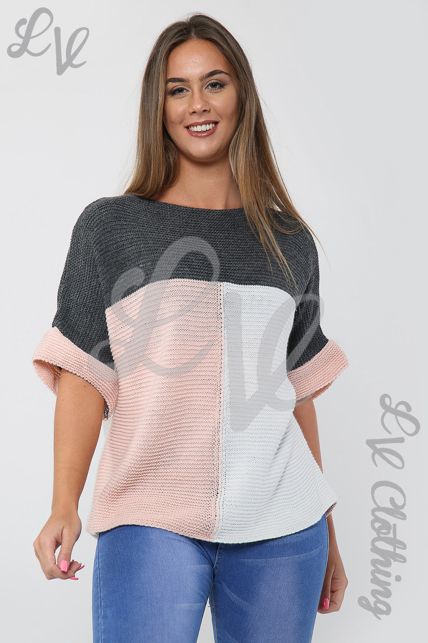 Ladies Block Colour Knitted Jumper Dusty Pink/Charcoal - Unit Price £10.99
