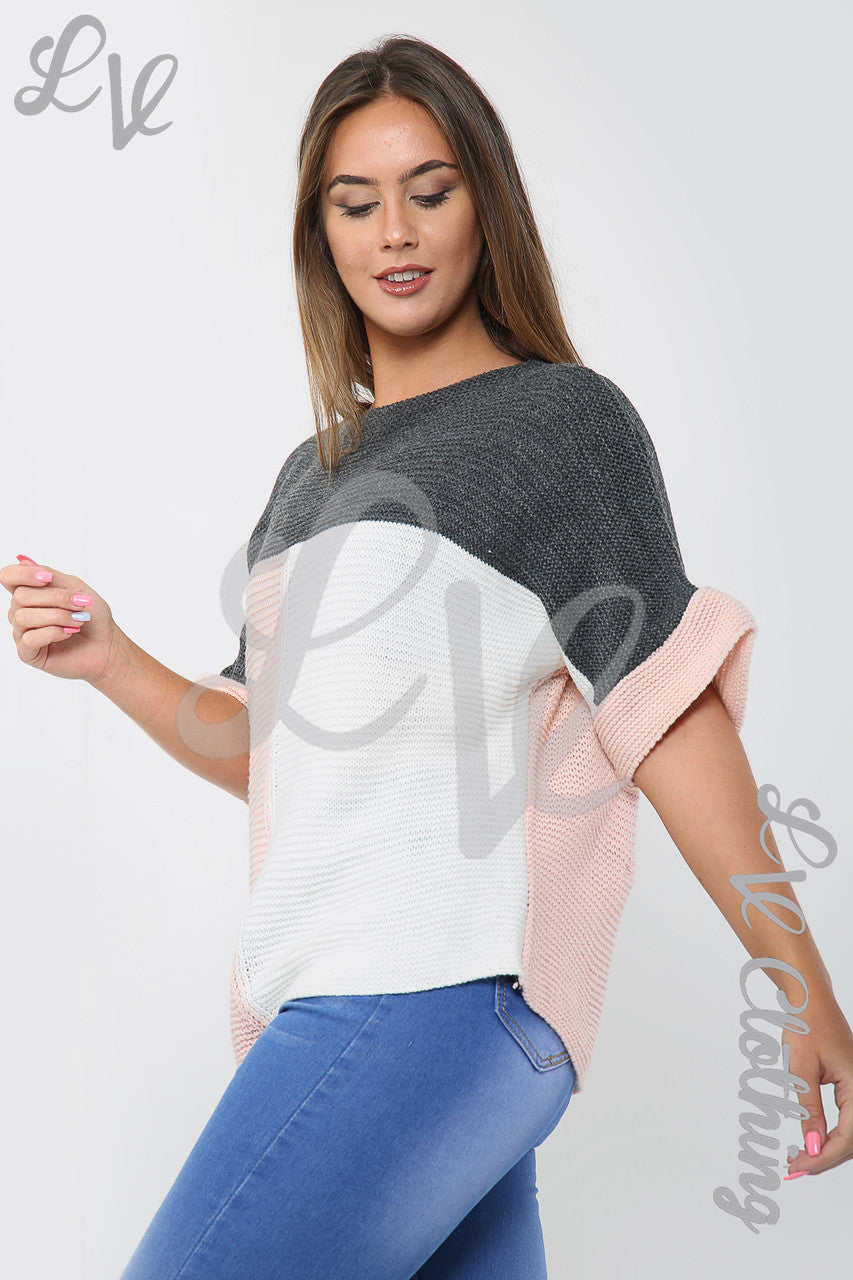 Ladies Block Colour Knitted Jumper Dusty Pink/Charcoal - Unit Price £10.99