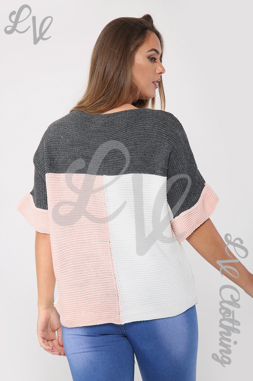 Ladies Block Colour Knitted Jumper Dusty Pink/Charcoal - Unit Price £10.99