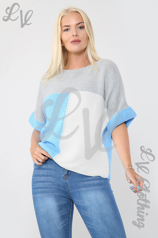 Dames gebreide trui met kleurblokken denim/grijs - Prijs WAS € 7,99 NU € 5,99