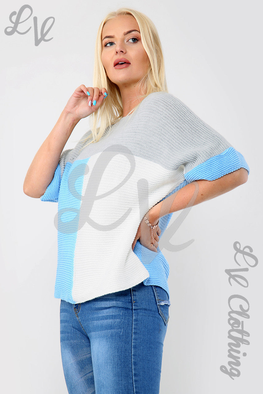 Ladies Block Colour Knitted Jumper Denim/Grey - Unit Price WAS £7.99 NOW £5.99