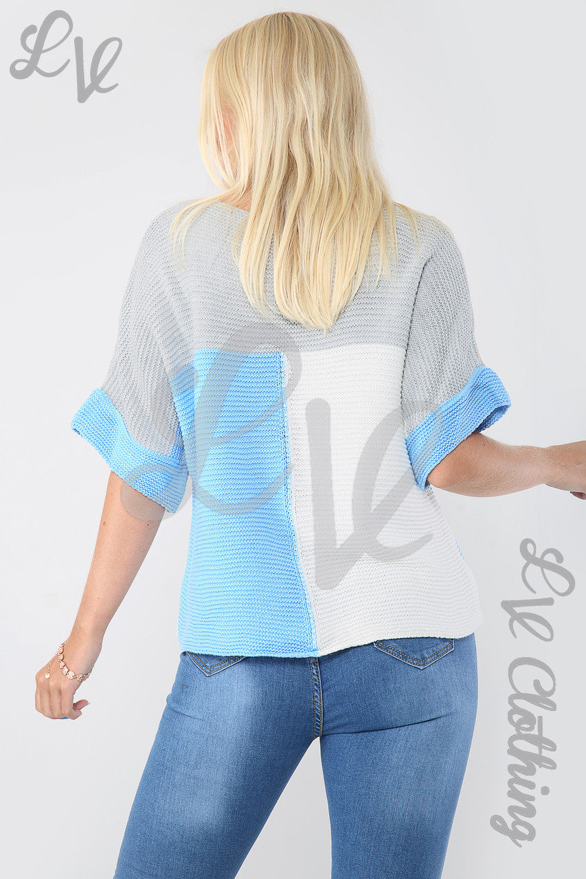 Ladies Block Colour Knitted Jumper Denim/Grey - Unit Price WAS £7.99 NOW £5.99