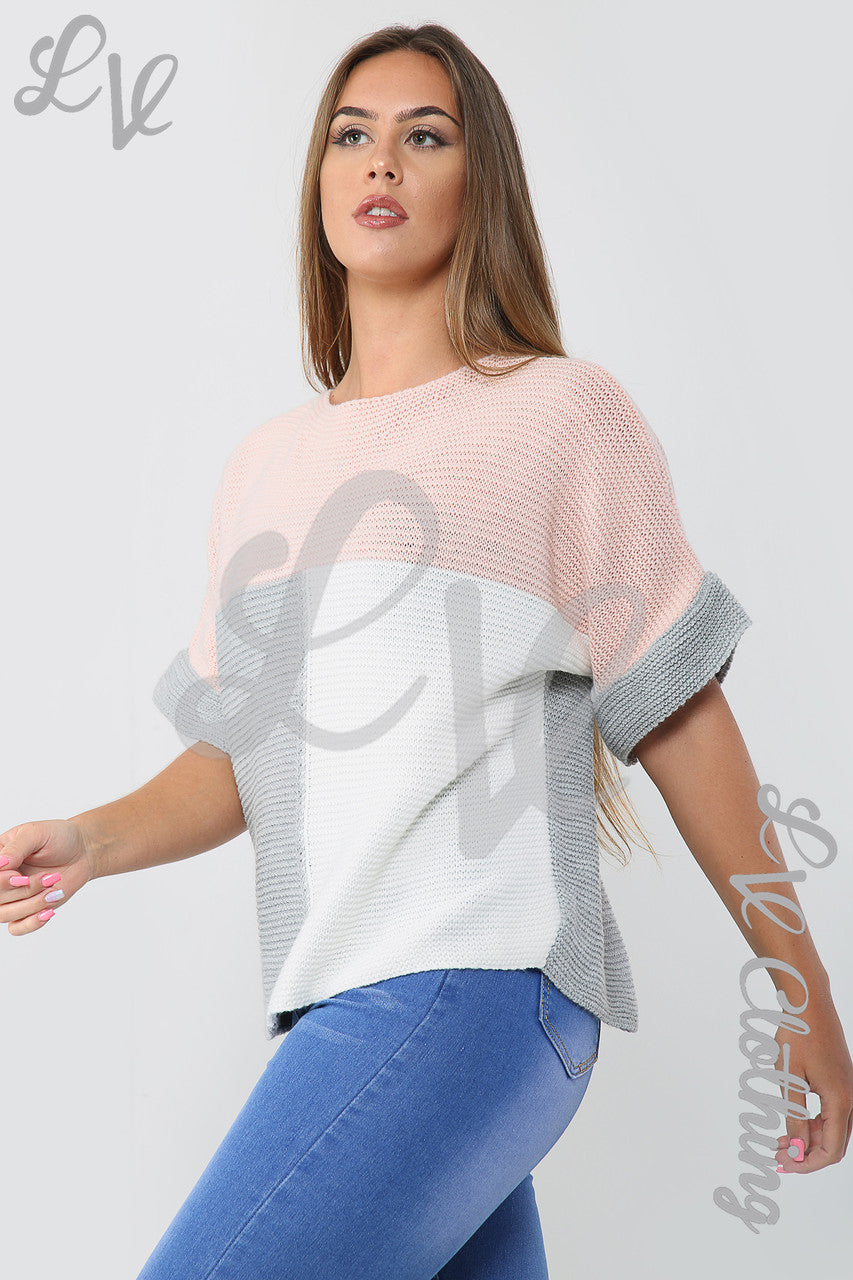 Dames gebreide trui met kleurblokken stofroze/grijs - Prijs per eenheid WAS € 9,99