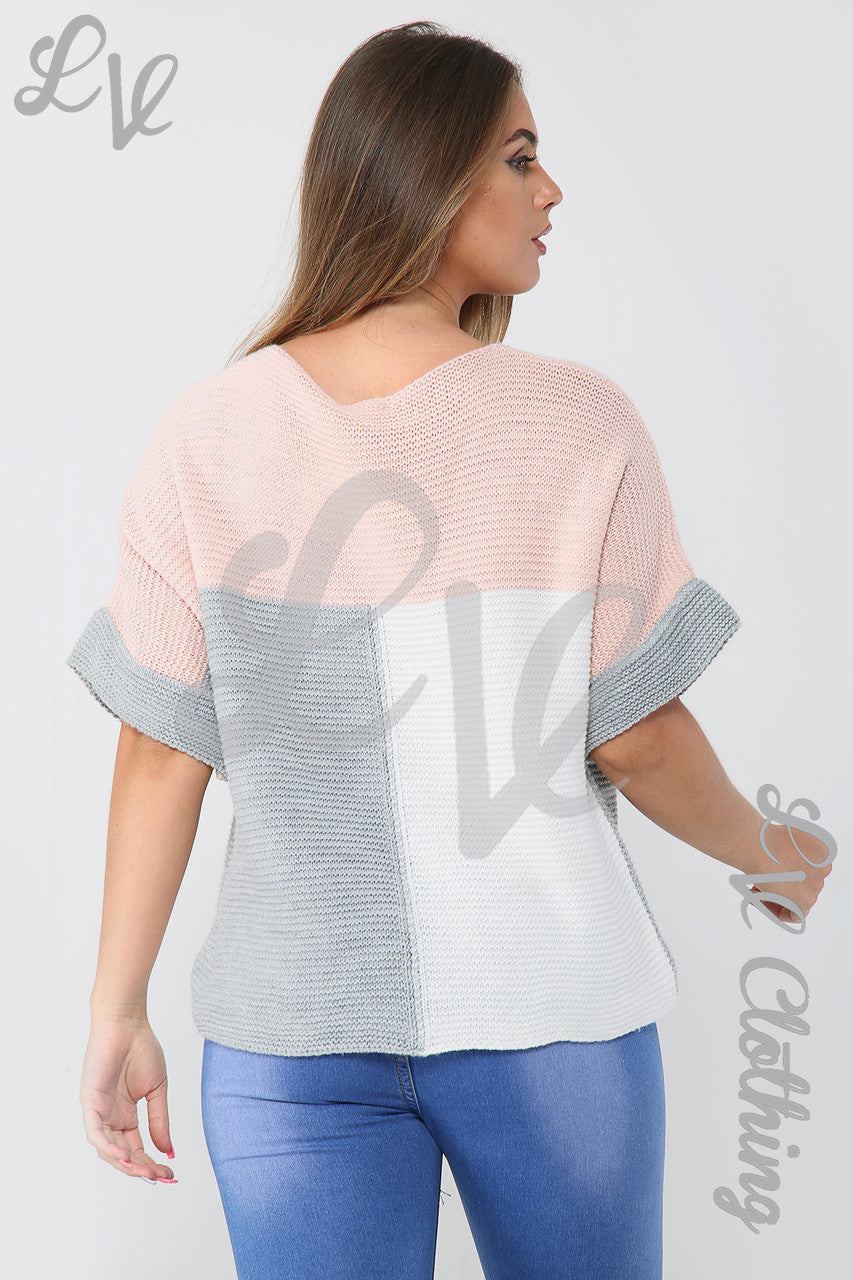 Dames gebreide trui met kleurblokken stofroze/grijs - Prijs per eenheid WAS € 9,99