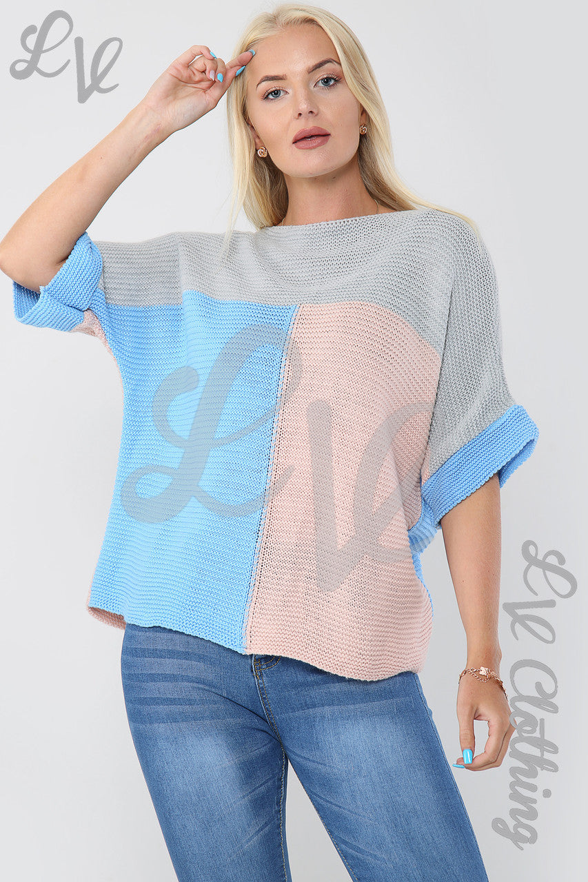 Ladies Block Colour Knitted Jumper Dusty Pink/Denim - Unit Price £9.99