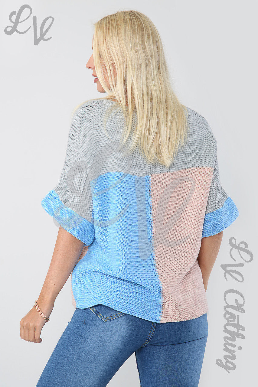 Ladies Block Colour Knitted Jumper Dusty Pink/Denim - Unit Price £9.99