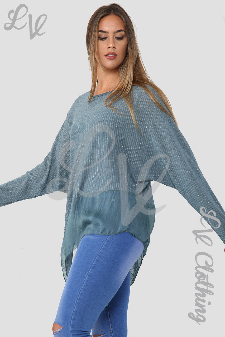 Ladies Asymmetrical Lurex Floaty Top Teal - Unit Price £8.99