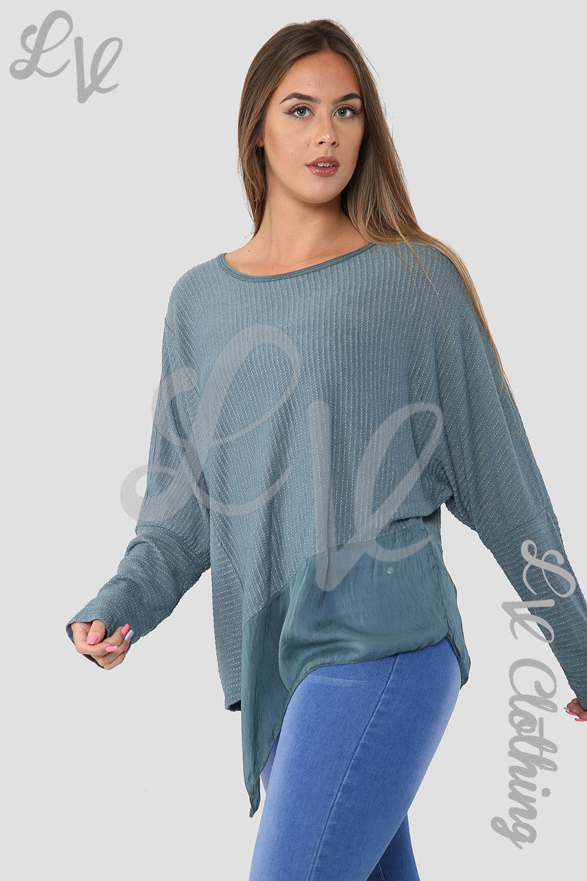 Ladies Asymmetrical Lurex Floaty Top Teal - Unit Price £8.99
