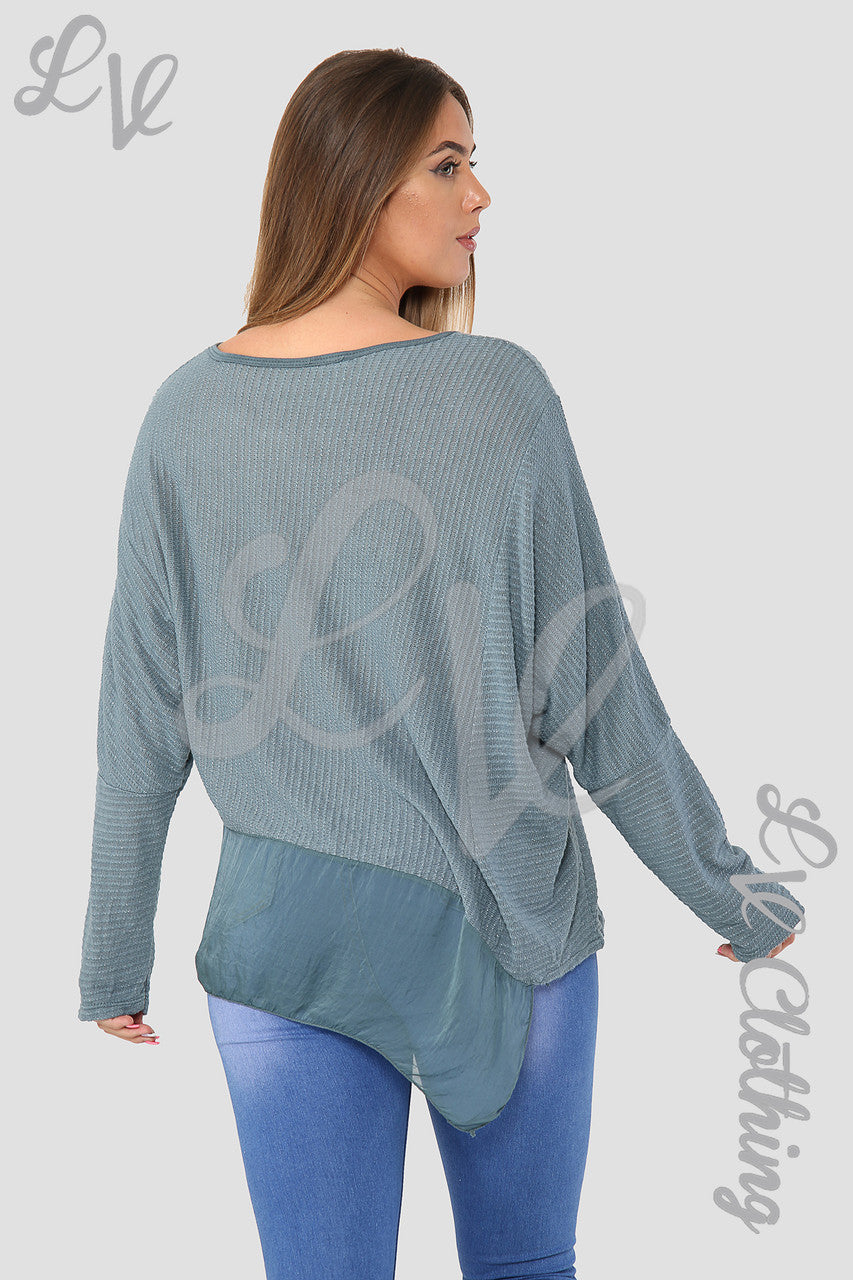 Ladies Asymmetrical Lurex Floaty Top Teal - Unit Price £8.99