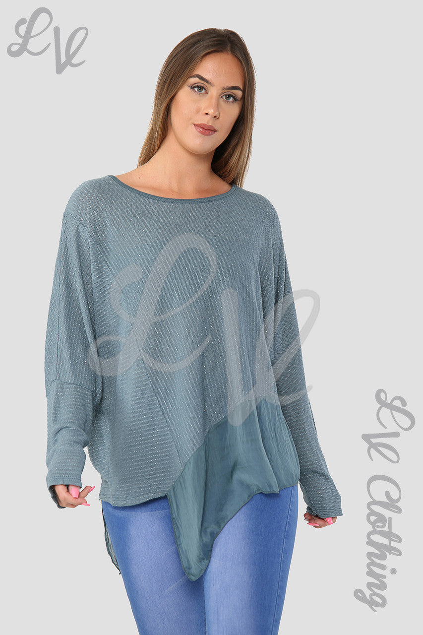 Ladies Asymmetrical Lurex Floaty Top Teal - Unit Price £8.99