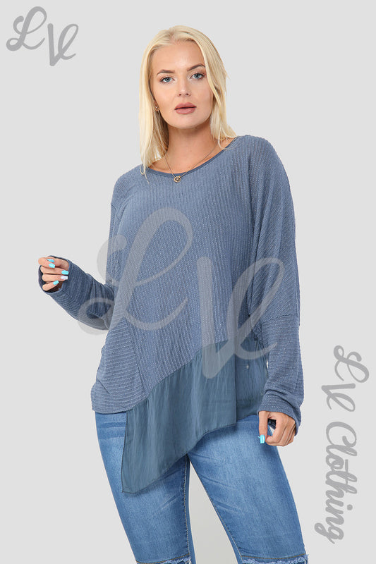 Women’s asymmetrical blue floaty top with lurex shimmer, long sleeves, V-neck