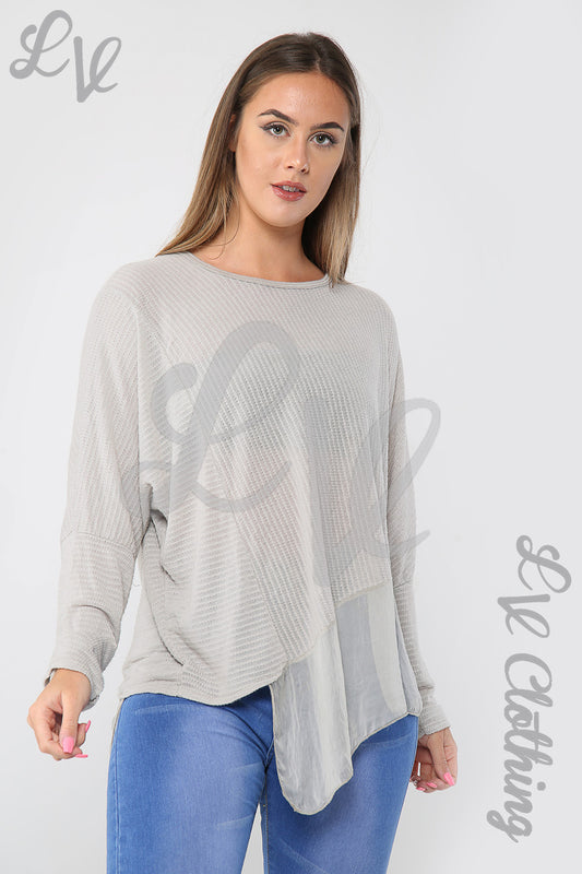 Stone lurex floaty top with long sleeves, round neck, asymmetrical hem