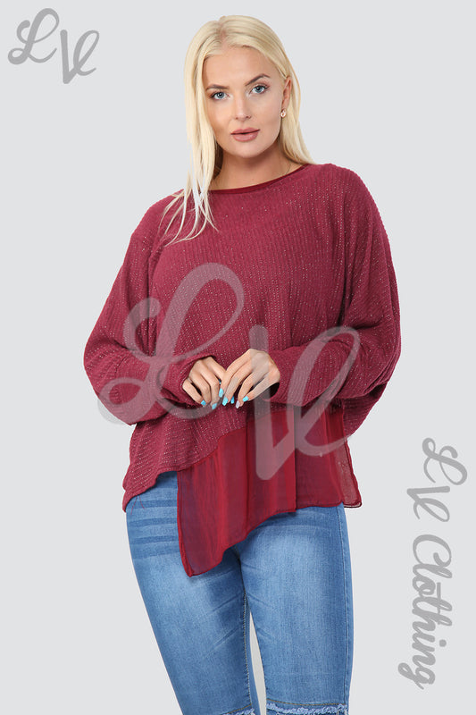 Ladies Asymmetrical Lurex Floaty Top Burgundy - Unit Price £8.99