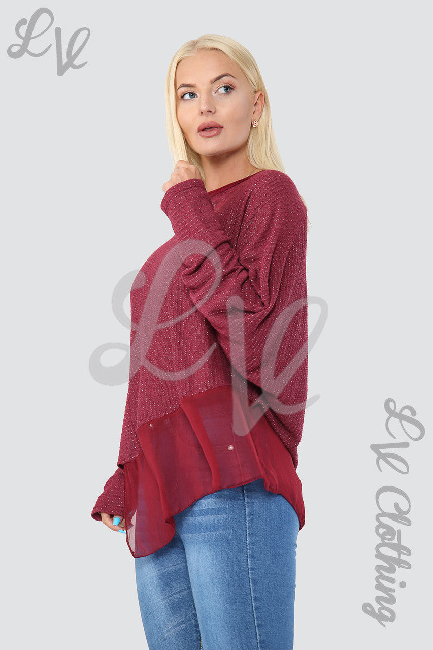 Ladies Asymmetrical Lurex Floaty Top Burgundy - Unit Price £8.99