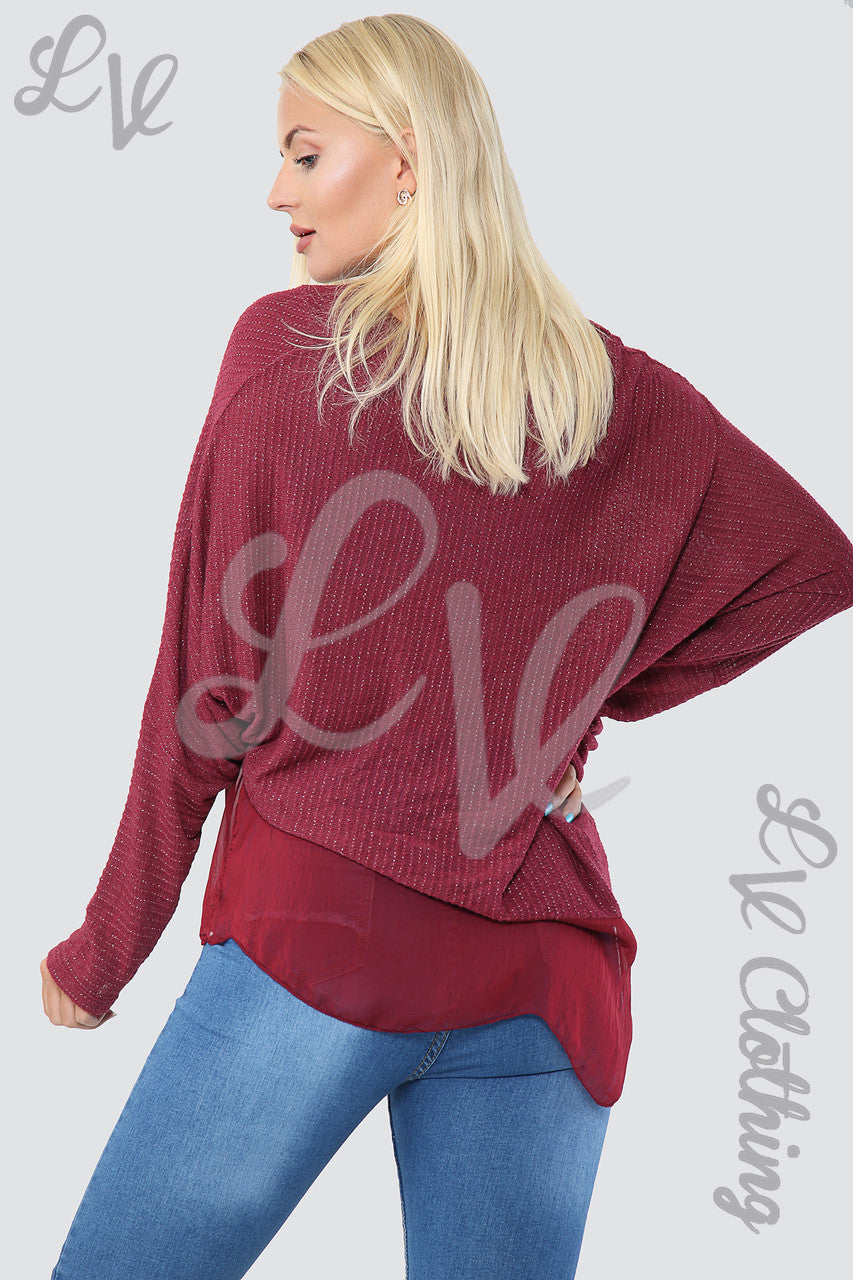 Ladies Asymmetrical Lurex Floaty Top Burgundy - Unit Price £8.99