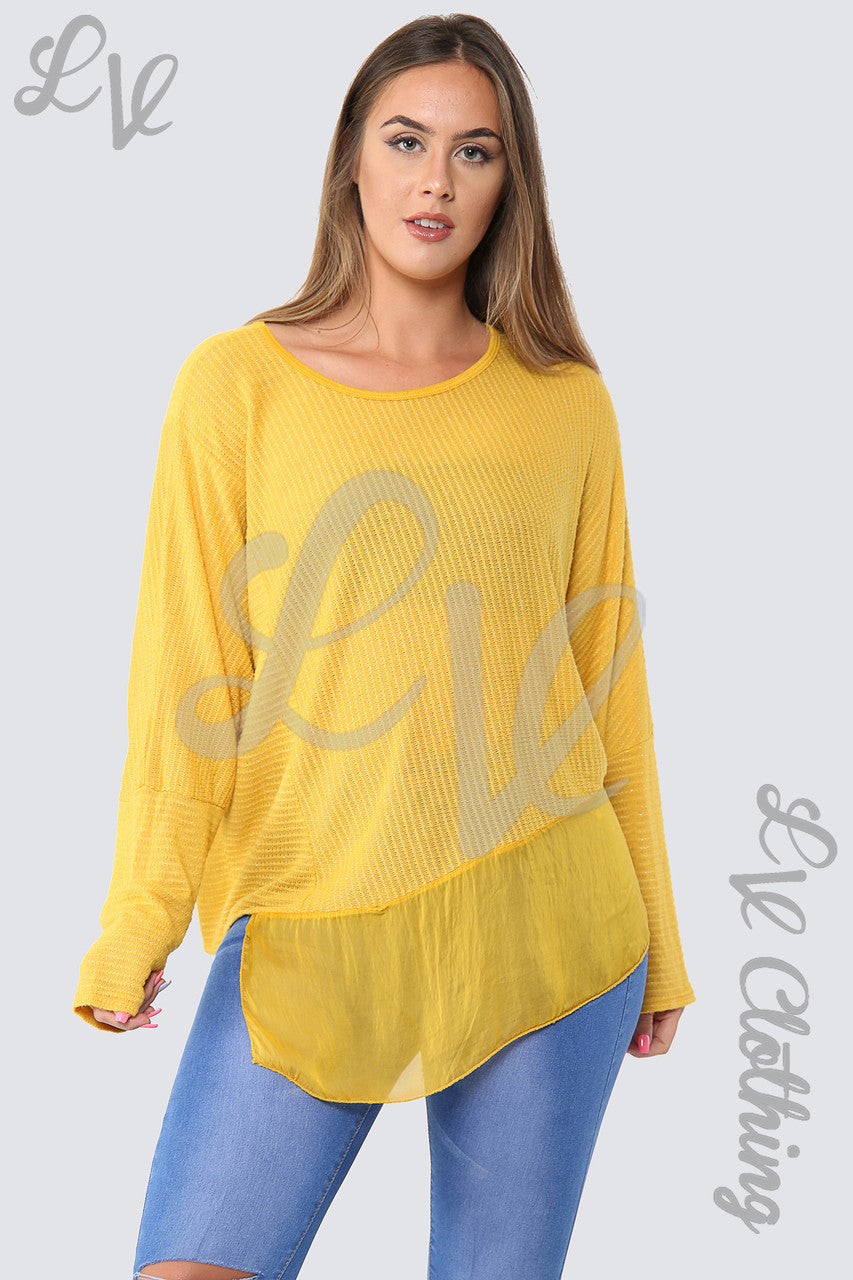 Ladies Asymmetrical Lurex Floaty Top Mustard - Unit Price £8.99