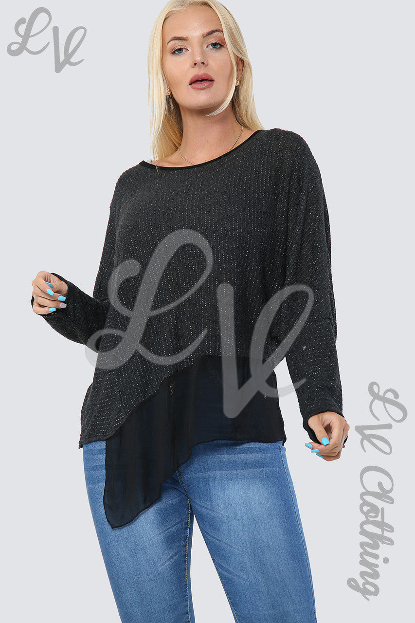 Dames asymmetrische lurex zwierige top zwart - eenheidsprijs €8,99