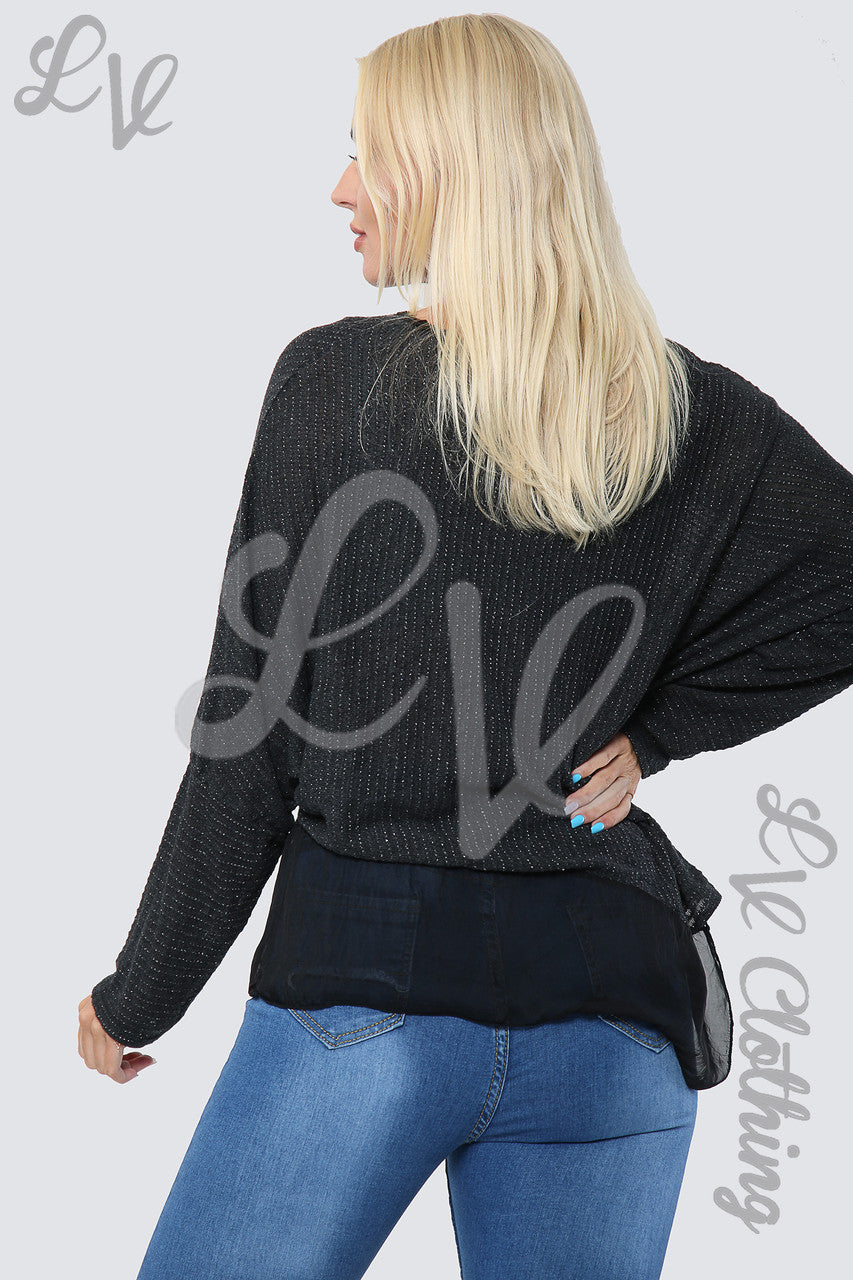 Dames asymmetrische lurex zwierige top zwart - eenheidsprijs €8,99