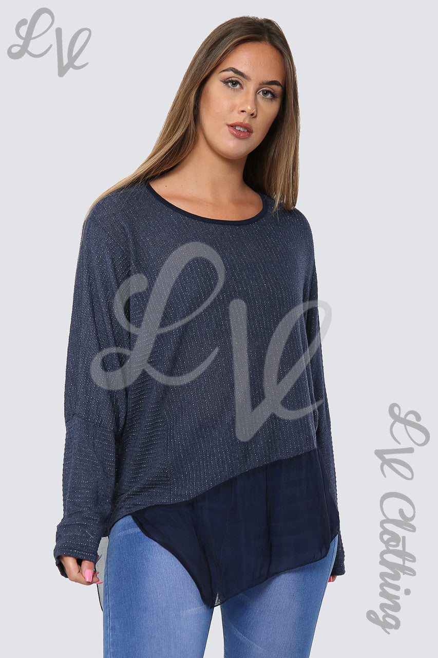 Dames Asymmetrische Lurex Floaty Top Marineblauw - Stukprijs €8,99