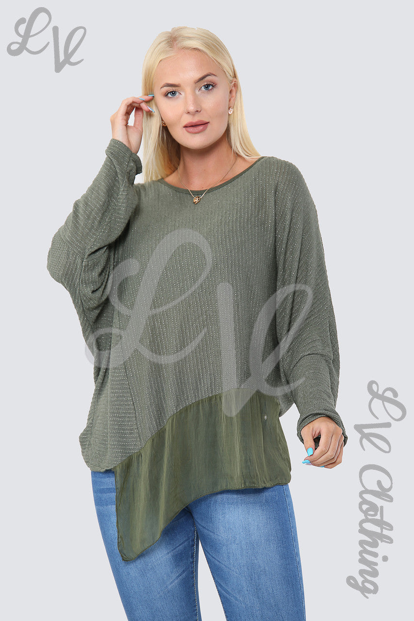 Ladies Asymmetrical Lurex Floaty Top Khaki - Unit Price £8.99